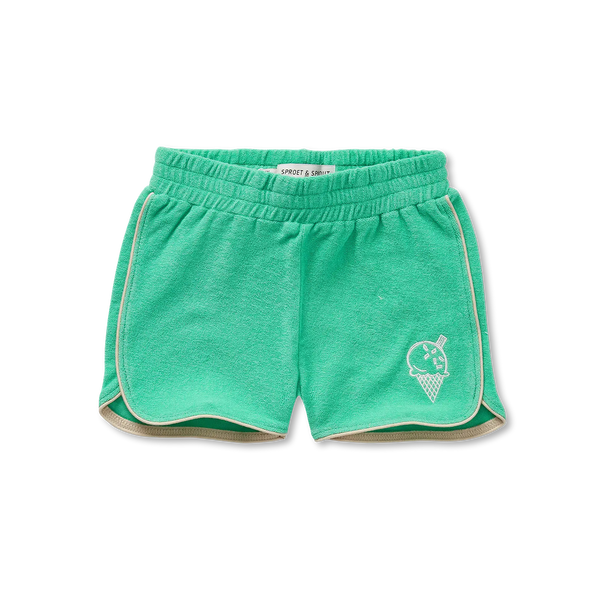 Terry sport short in fris groen van Sproet & Sprout met elastische tailleband en geborduurd ijsje, unisex model voor jongens en meisjes| Uit de Champions League of Fun collectie