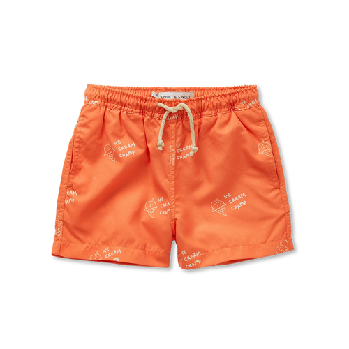 Oranje zwemshort met all-over ijsjesprint en trekkoord uit de Champions League of Fun van Sproet & Sprout - Verkrijgbaar bij Little Fashion Addict