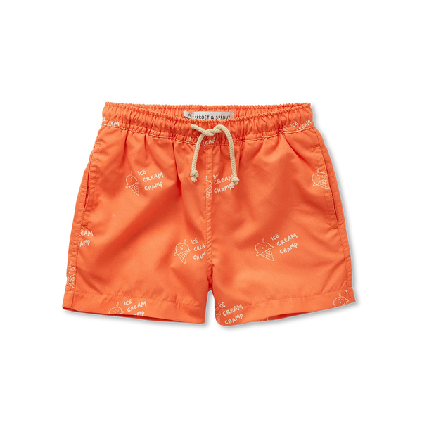 Oranje zwemshort met all-over ijsjesprint en trekkoord uit de Champions League of Fun van Sproet & Sprout - Verkrijgbaar bij Little Fashion Addict