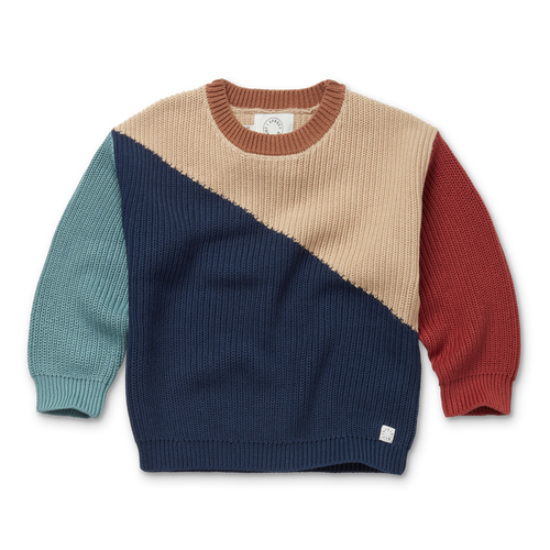 Littlefashionaddict - Sproet & Sprout - AW23 - The Alpine Hut - Sweater Colour Block in het Mood Indigo - Voor zowel jongens als meisjes - Vanaf 4 tot 10 jaar in stock en verkrijgbaar bij Little Fashion Addict