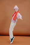 Gebreide sweater voor meisjes in kleurblokdesign met purple pink, oranje en ivoorkleurige strepen | Verkrijgbaar bij Little Fashion Addict