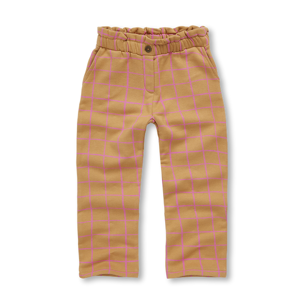 Chino paperbag in light mustard met purple pink ruiten voor meisjes van Sproet & Sprout | Verkrijgbaar bij Little Fashion Addict