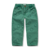 Denim broek voor meisjes in diepgroene kleur met cirkelvormige 'Sproet & Sprout' tekst en knoopsluiting | Verkrijgbaar bij Little Fashion Addict