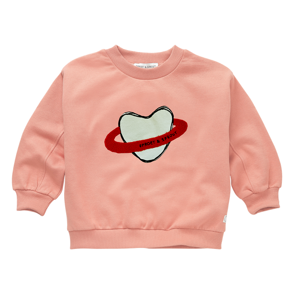 Lichtroze meisjessweater met Heart Saturn print van Sproet & Sprout | Sweatshirt Heart Saturn - Peach Parfait |  A Cosmic Romance collectie