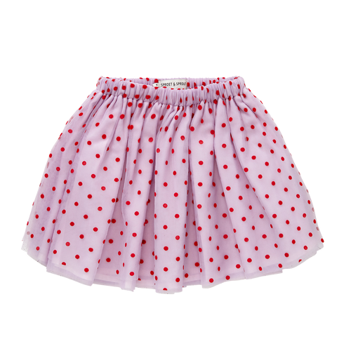 Lavendel tule rok met rode stippen en elastische tailleband van Sproet & Sprout | Tule Skirt Lavender | A Cosmic Romance collectie