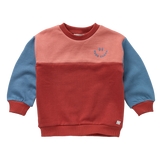 Speelse colourblock sweater in roze, terracotta en blauw uit de Club Chaos collectie van Sproet & Sprout.