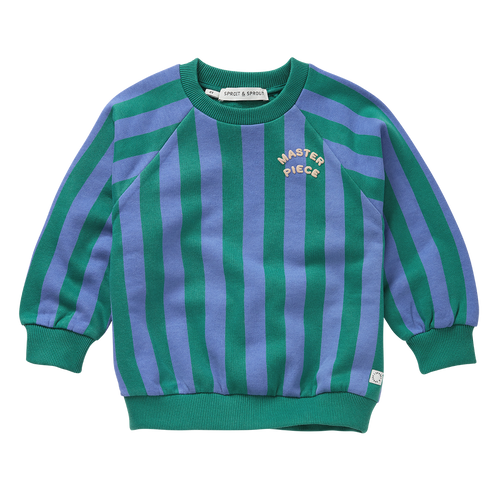Gestreepte jongenssweater in Deep Green (diepgroen) en Crayon Cloud (zacht lavendelblauw) uit de Club Chaos collectie van Sproet & Sprout.