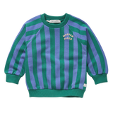 Gestreepte jongenssweater in Deep Green (diepgroen) en Crayon Cloud (zacht lavendelblauw) uit de Club Chaos collectie van Sproet & Sprout.