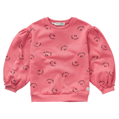 Warmroze meisjessweater met Club Chaos all-over print uit de Club Chaos collectie van Sproet & Sprout.