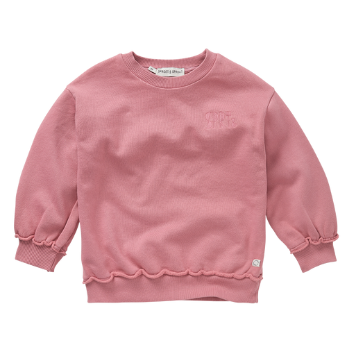 Zacht oudroze meisjessweater met subtiel ton-sur-ton logo uit de Club Chaos collectie van Sproet & Sprout.