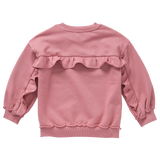 Achterzijde van de zacht oudroze meisjessweater met elegante ruffles op de rug van Sproet & Sprout.