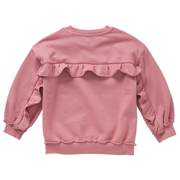 Achterzijde van de zacht oudroze meisjessweater met elegante ruffles op de rug van Sproet & Sprout.