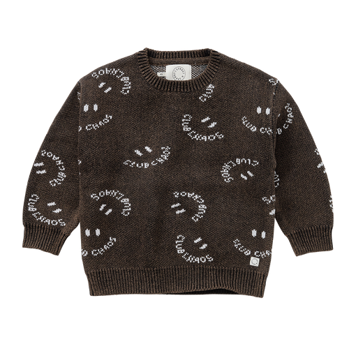 Gebreide jongenstrui in Washed Black (gewassen zwart) met ingeweven Club Chaos-patroon van Sproet & Sprout.