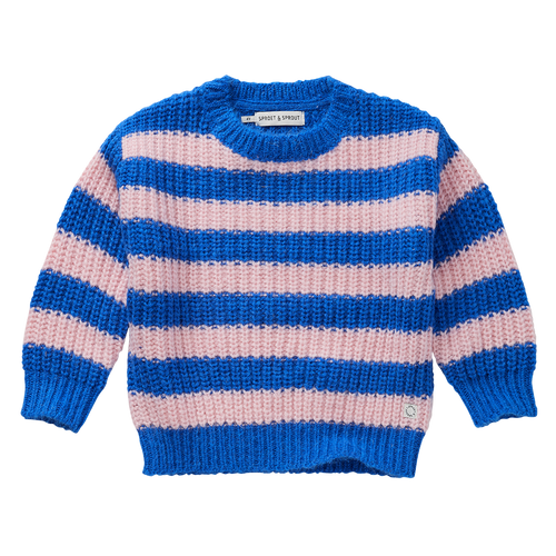 Gebreide meisjessweater in helder kobaltblauw met lichtroze strepen uit de Club Chaos collectie van Sproet & Sprout.