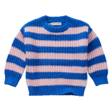 Gebreide meisjessweater in helder kobaltblauw met lichtroze strepen uit de Club Chaos collectie van Sproet & Sprout.