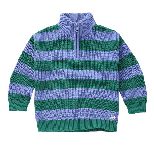 Unisex gestreepte sweater in Deep Green met lila strepen uit de Club Chaos collectie van Sproet & Sprout.