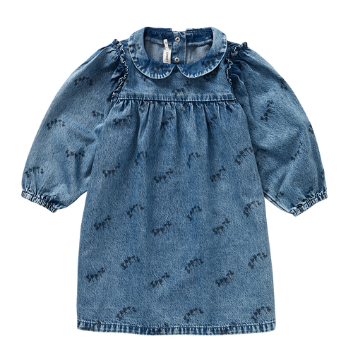 Denim jurk met Club Chaos-print en Peter Pan-kraag uit de Club Chaos collectie van Sproet & Sprout.