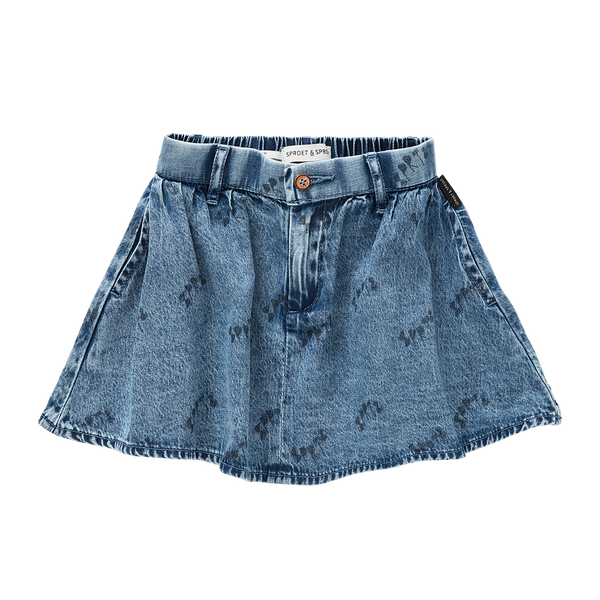 Denim rok met subtiele all-over SPRT-print uit de Club Chaos collectie van Sproet & Sprout.