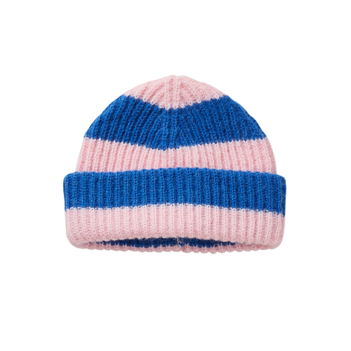 Gestreepte beanie voor meisjes in lichtroze en kobaltblauw uit de Club Chaos collectie van Sproet & Sprout.