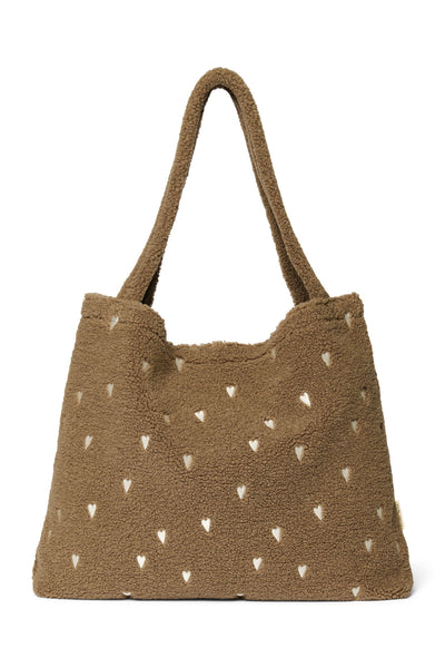 Teddy mom bag met hartjes van Studio Noos in bruin | Studio Noos - Teddy Hearts Mom Bag - Brown Hearts - verkrijgbaar bij Little Fashion Addict