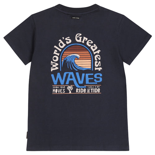 Donkerblauwe jongens t-shirt met surfprint van Tumble ’n Dry | Bondi Beach T-shirt van Tumble 'n Dry - Verkrijgbaar bij Little Fashion Addict