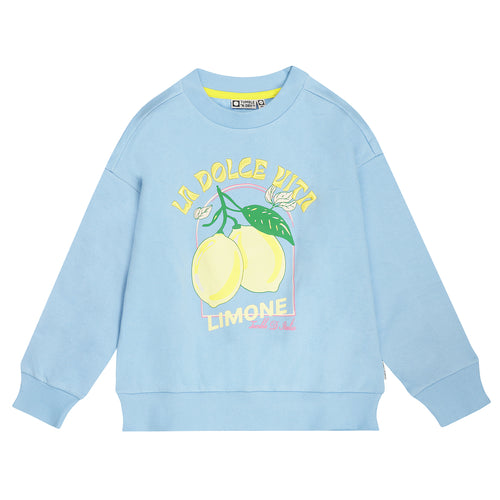 Lichtblauwe meisjes sweater met citroenprint van Tumble ’n Dry | Vital Sweater van Tumble 'n Dry - verkrijgbaar bij Little Fashion Addict