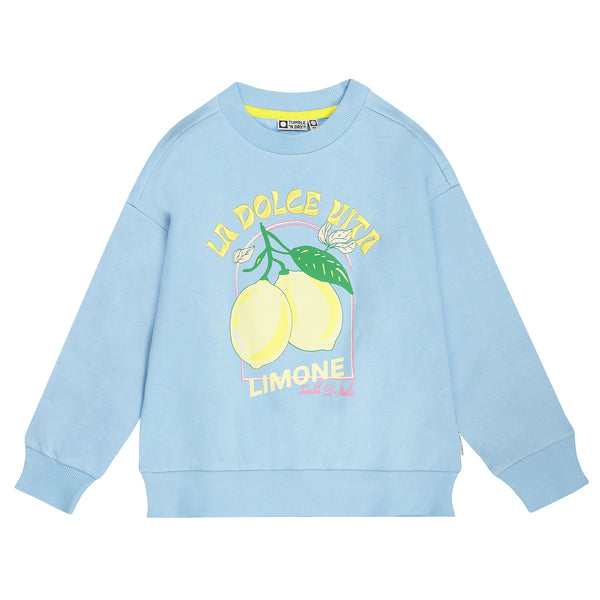 Lichtblauwe meisjes sweater met citroenprint van Tumble ’n Dry | Vital Sweater van Tumble 'n Dry - verkrijgbaar bij Little Fashion Addict