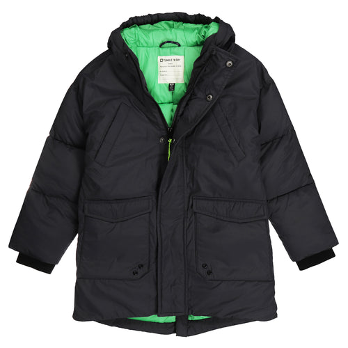 Donkerblauwe Tumble ’n Dry Hannover winterjas voor jongens met groene voering | Ontdek Tumble 'n Dry bij Little Fashion Addict