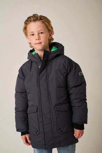 Donkerblauwe Tumble ’n Dry Hannover winterjas voor jongens met groene voering | Ontdek Tumble 'n Dry bij Little Fashion Addict