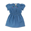 Denimblauw jurkje van Wander & Wonder met geborduurde kersen en pofmouwen voor meisjes. | Freya Dress Washed Indigo | Verkrijgbaar bij Little Fashion Addict