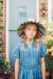Denimblauw jurkje van Wander & Wonder met geborduurde kersen en pofmouwen voor meisjes. | Freya Dress Washed Indigo | Verkrijgbaar bij Little Fashion Addict