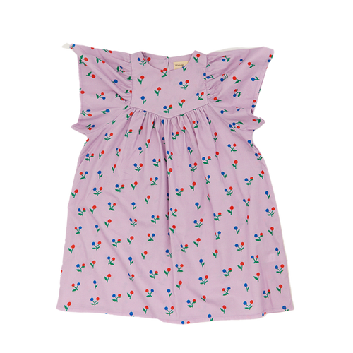 Lila jurkje van Wander & Wonder met bloemenprint en flutter mouwen voor meisjes. | Bryony Dress Lila disty | Verkrijgbaar bij Little Fashion Addict