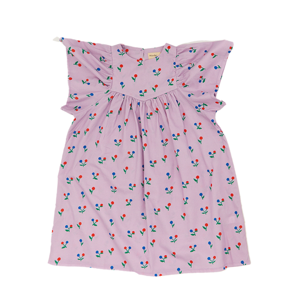 Lila jurkje van Wander & Wonder met bloemenprint en flutter mouwen voor meisjes. | Bryony Dress Lila disty | Verkrijgbaar bij Little Fashion Addict