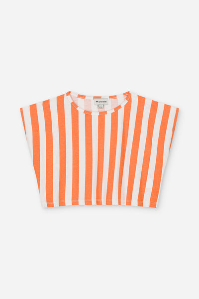 We Are Kids Top Jodie Oranje Strepen – Vrolijk topje voor meisjes in oranje en witte strepen, gemaakt van biologisch katoen | Verkrijgbaar bij Little Fashion Addict

