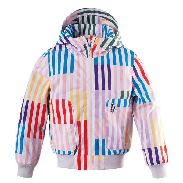 Littlefashionaddict - Gosoaky Blue Bird - Korte gestreepte regenjas met kap voor meisjes - Vanaf maat 86 tot maat 152 - Meisjesmode - Verkrijgbaar bij Littlefashionaddict.com