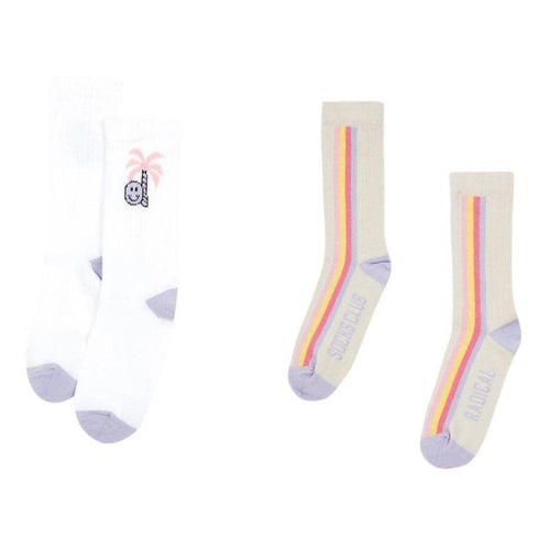 Little Fashion Addict - Hundred Pieces - Pack van 2 paar sokken voor meisjes - Wit en paarse smiley en palmboom en tweede paar  gebroken wit met verticale strepen en Radical Socks Club