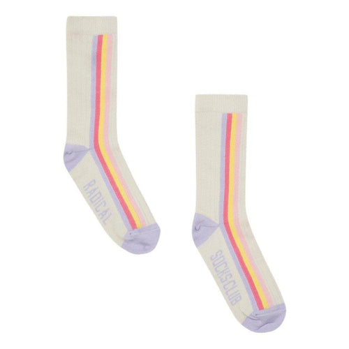 Little Fashion Addict - Hundred Pieces - Pack van 2 paar sokken voor meisjes - Wit en paarse smiley en palmboom en tweede paar  gebroken wit met verticale strepen en Radical Socks Club