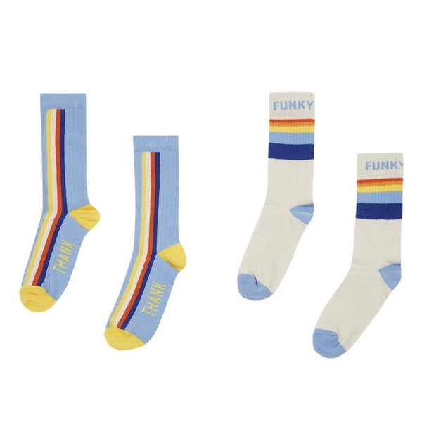 Little Fashion Addict - Hundred Pieces - Pack van 2 paar sokken voor jongens - Wit en blauw met tekst 'Thank Youth' en tekst 'Funky Feet'