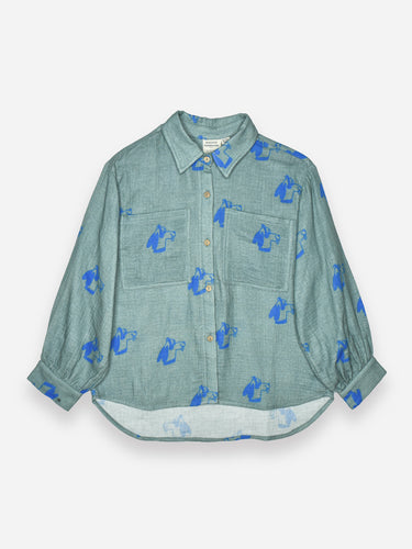 Littlefashionaddict.com - Maison Tadaboum - Jacky Shirt - Meisjesmode - Lichtgroen hemd met allover print van blauwe hond - Beschikbaar vanaf 2 jaar tot en met 8 jaar bij Littlefashionaddict.com