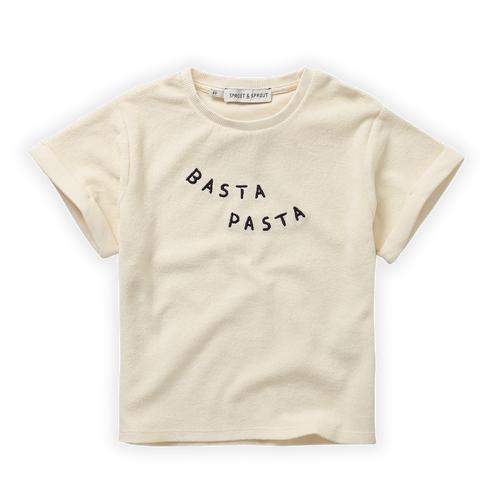 Little Fashion Addict - Sproet & Sprout – Terry T-shirt Basta Pasta - Kleur: Pear (Cream) - unisex - voor jongens en meisjes- Collectie: Tuscan Holiday at Nonna's - verkrijgbaar bij Littlefashionaddict.com