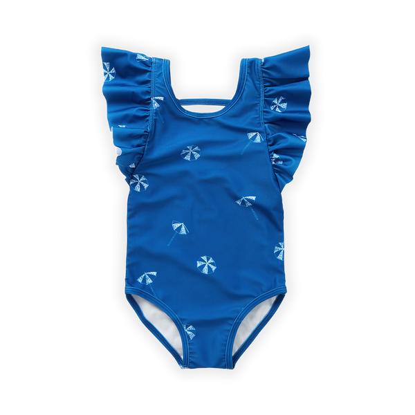 Little Fashion Addict - Sproet & Sprout – Swimsuit Ruffle umbrella Print - Kleur: Azzurra Blue - Voor meisjes - Meisjesmode - Collectie: Tuscan Holiday at Nonna's - verkrijgbaar bij Littlefashionaddict.com