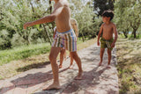 Little Fashion Addict - Sproet & Sprout – Swim Shorts block stripe - Kleur: Pear met kleurrijke strepen - Voor jongens - Jongensmode - Collectie: Tuscan Holiday at Nonna's - verkrijgbaar bij Littlefashionaddict.com