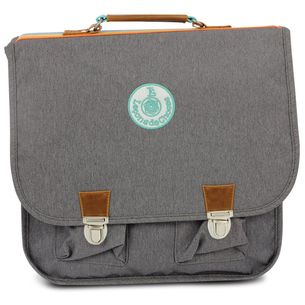 Grijze retro schooltas met turquoise accenten - littlefashionaddict.com